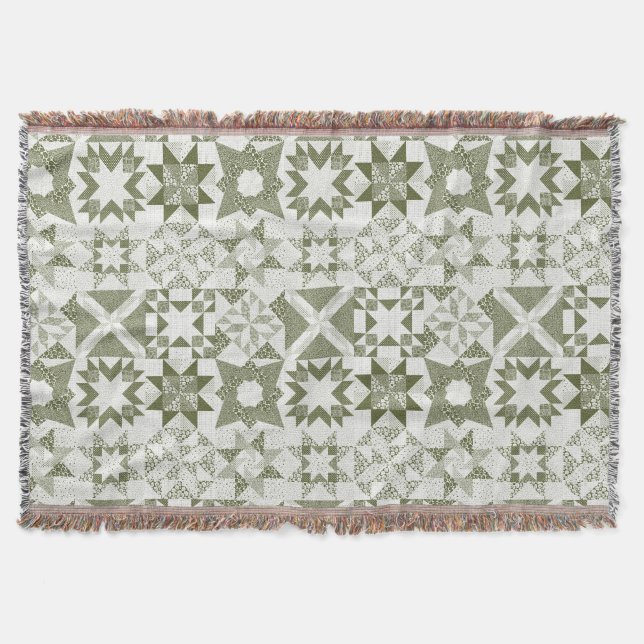 Cheater Traditional Patchwork Stars Quilt Green Throw Blanket (Front)