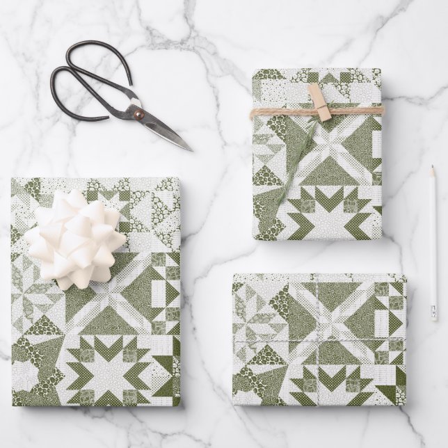 Cheater Traditional Patchwork Stars Quilt Green Wrapping Paper Sheet (Front)
