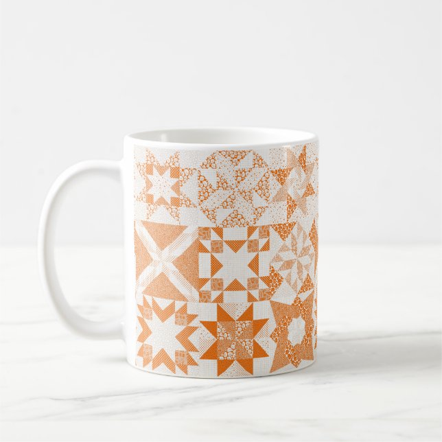Cheater Traditional Patchwork Stars Quilt Orange Coffee Mug (Left)