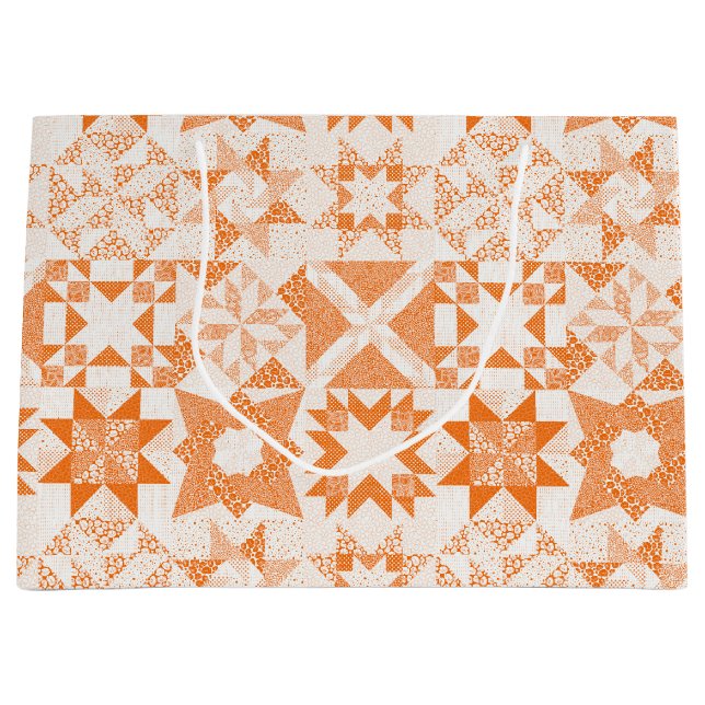 Cheater Traditional Patchwork Stars Quilt Orange Large Gift Bag (Front)