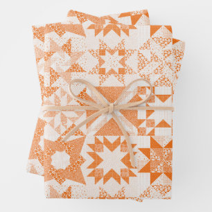 Cheater Traditional Patchwork Stars Quilt Orange Wrapping Paper Sheet