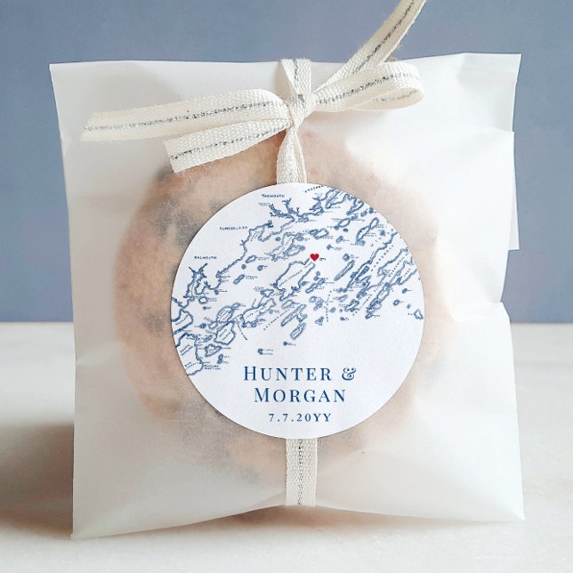 Chebeague Island Maine Map Wedding Favour Classic Round Sticker (These Chebeaugue Island Wedding Favor Stickers are perfect for your casco bay destination wedding)