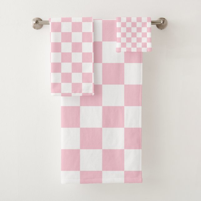 Check Baby Pink And White Chequerboard Pattern Bath Towel Set (Insitu)