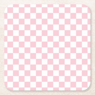 Check Baby Pink And White Chequerboard Pattern Square Paper Coaster