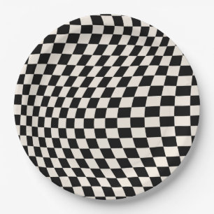 Check Black And Cream White Pattern Chequerboard Paper Plate