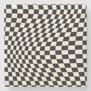 Check Black And Cream White Pattern Chequerboard Stone Coaster