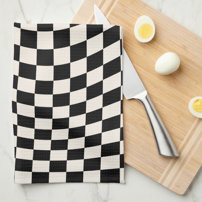 Check Black And Cream White Pattern Chequerboard Tea Towel (Quarter Fold)