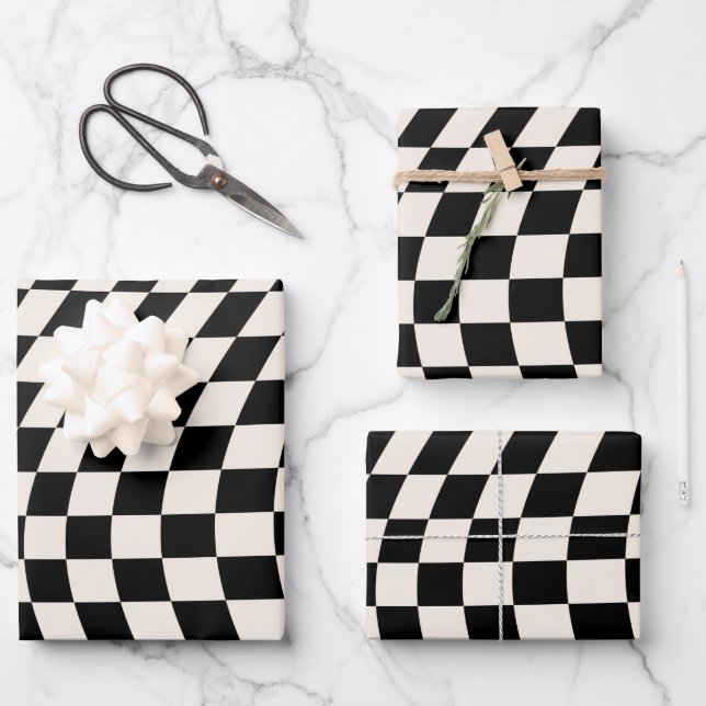 Check Black And Cream White Pattern Chequerboard Wrapping Paper Sheet (Front)