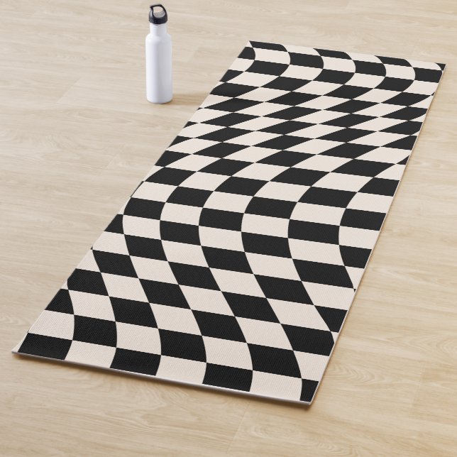 Check Black And Cream White Pattern Chequerboard Yoga Mat (In Situ)