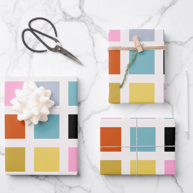 Check Colourful Mid Century Geometric Chequerboard Wrapping Paper Sheet (Front)