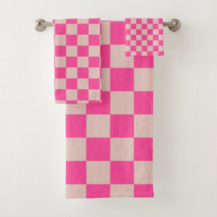 Check Coral Pink Chequered Pattern Chequerboard Bath Towel Set