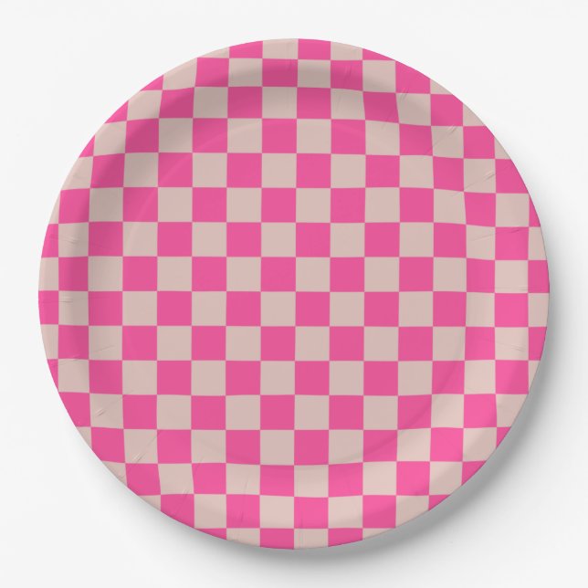 Check Coral Pink Chequered Pattern Chequerboard Paper Plate (Front)