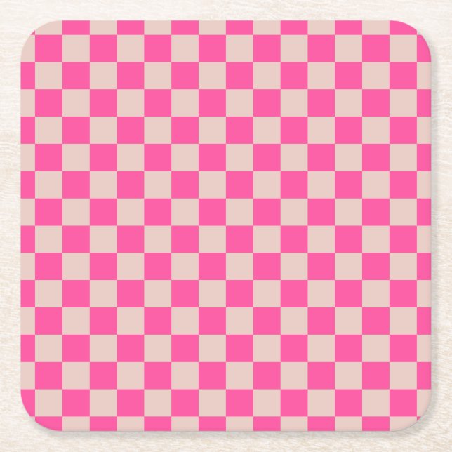 Check Coral Pink Chequered Pattern Chequerboard Square Paper Coaster (Front)