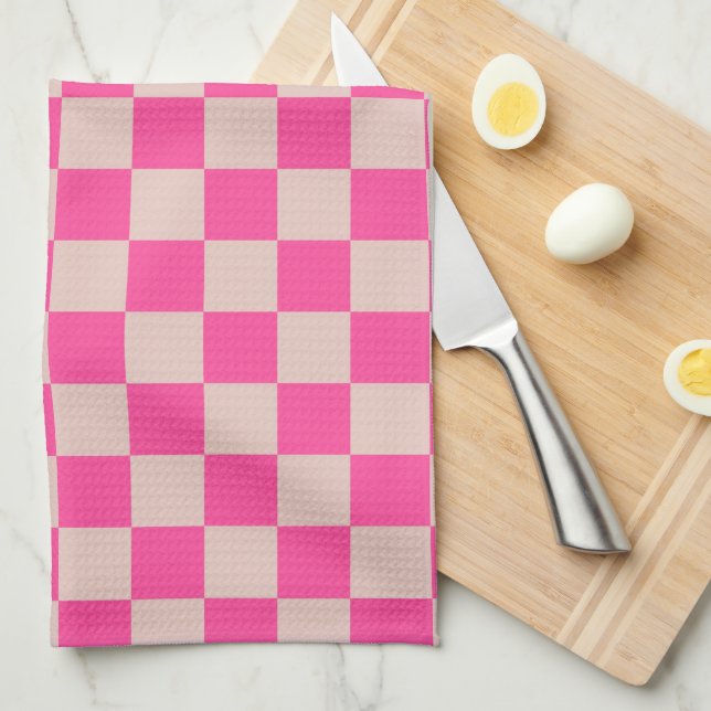 Check Coral Pink Chequered Pattern Chequerboard Tea Towel (Quarter Fold)