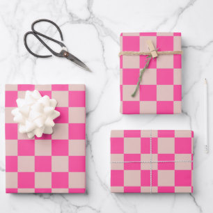 Check Coral Pink Chequered Pattern Chequerboard Wrapping Paper Sheet