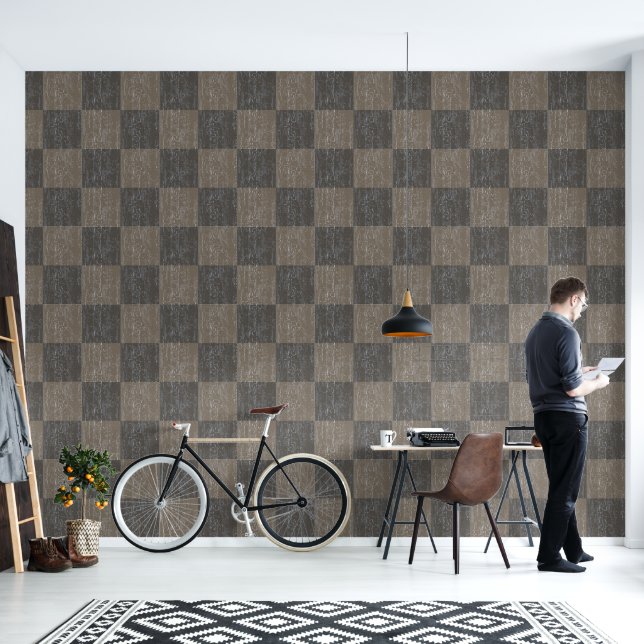 Check Crackle Texture Taupe and Brown Wallpaper (Living Room)