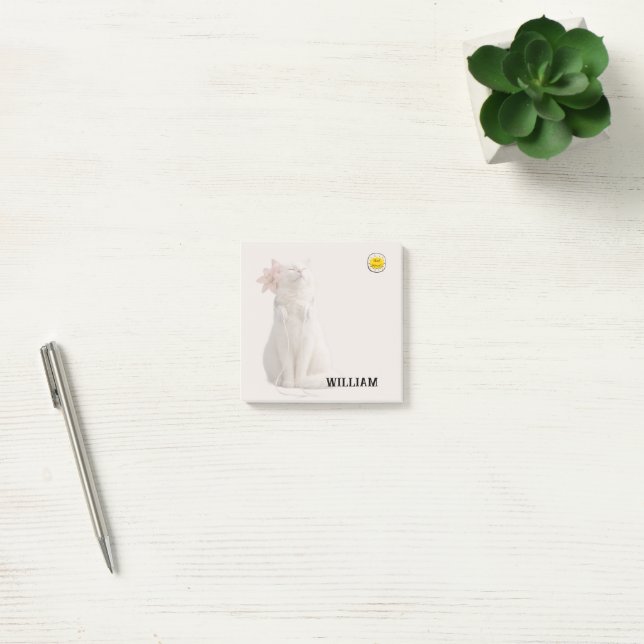 CHECK MEO White Cat with Headphones – Personalised Post-it Notes (Office)