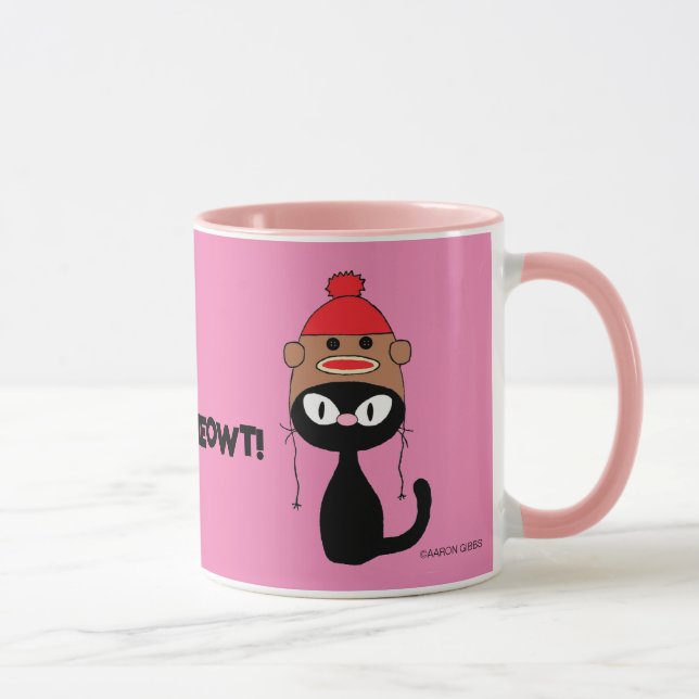 Check Meowt! Cartoon Black Cat w/ Sock Monkey Hat Mug (Right)