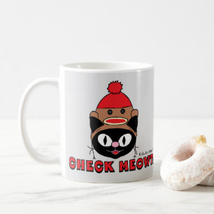 CHECK MEOWT! Cartoon Kitty with Sock Monkey Hat Coffee Mug