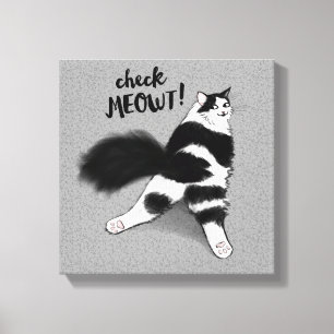 Check Meowt! Funny Black and White Cat Sploot Canvas Print