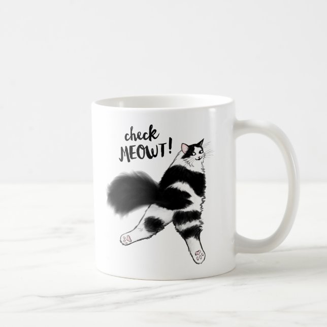 Check Meowt! Funny Black and White Cat Sploot Coffee Mug (Right)