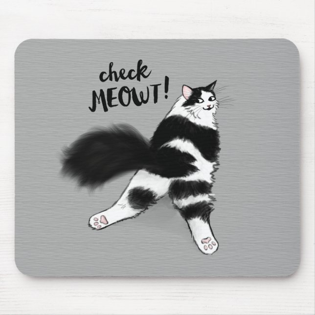 Check Meowt! Funny Black and White Cat Sploot Mouse Pad (Front)
