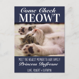 "Check Meowt" New Cat Announcement Blue Postcard