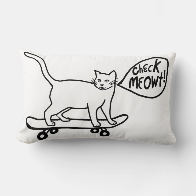 Check Meowt Punny Skateboarding Cat Black White Lumbar Cushion (Front)