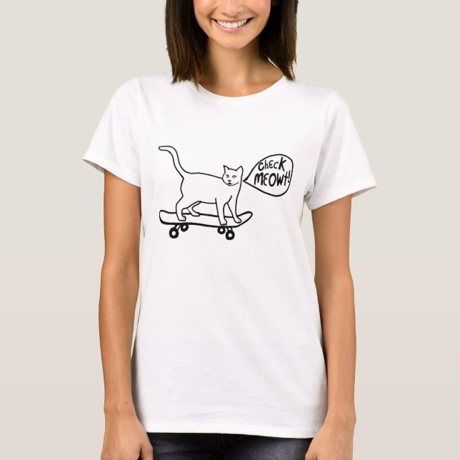 Check Meowt Punny Skateboarding Cat Black White T-Shirt (Front)