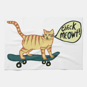 Check Meowt Punny Skateboarding Tabby Cat Tea Towel