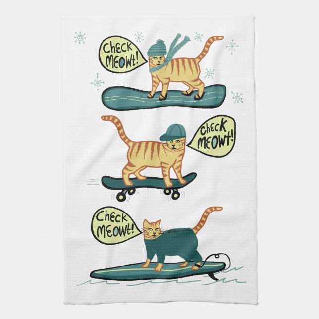 Check Meowt! Skateboard Surf Snowboard Tabby Cat Tea Towel (Vertical)