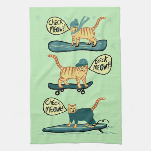 Check Meowt! Skateboard Surf Snowboard Tabby Cat Tea Towel