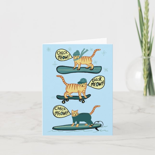 Check Meowt! Skateboard Surfer Snowboard Cat Card (Front)