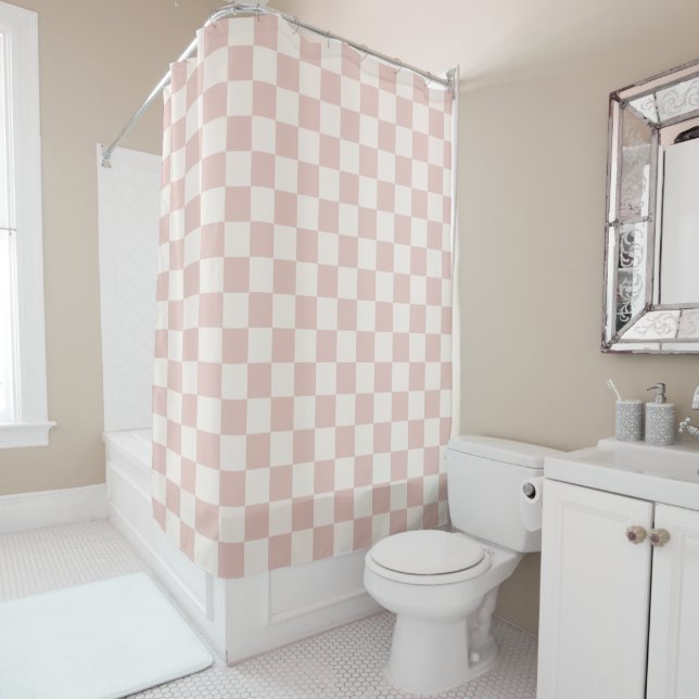 Check Pale Beige Chequered Pattern Chequerboard Shower Curtain (In Situ)