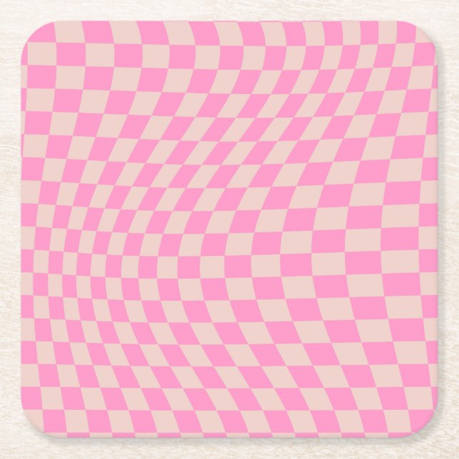 Check Pattern Peach And Pink Preppy Chequerboard Square Paper Coaster (Front)