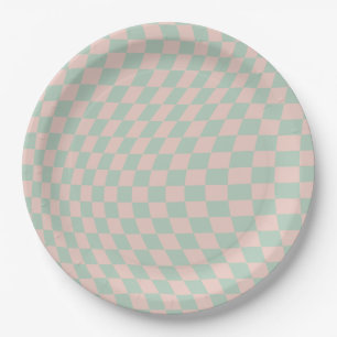 Check Pattern Sage Green And Beige Chequerboard Paper Plate