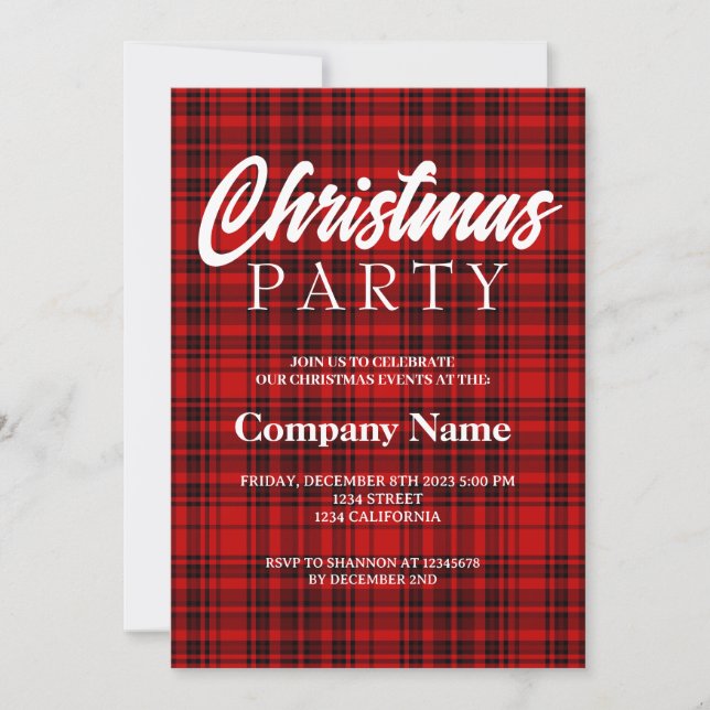 Check Plaid Red Black White Christmas party Invitation (Front)