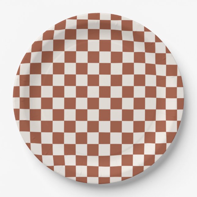 Check Rust Chequered Terracotta Chequerboard Paper Plate (Front)
