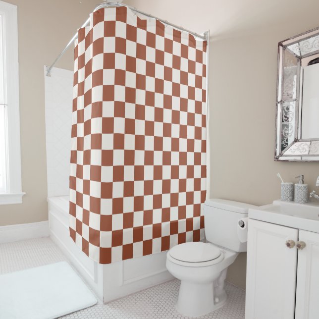 Check Rust Chequered Terracotta Chequerboard Shower Curtain (In Situ)