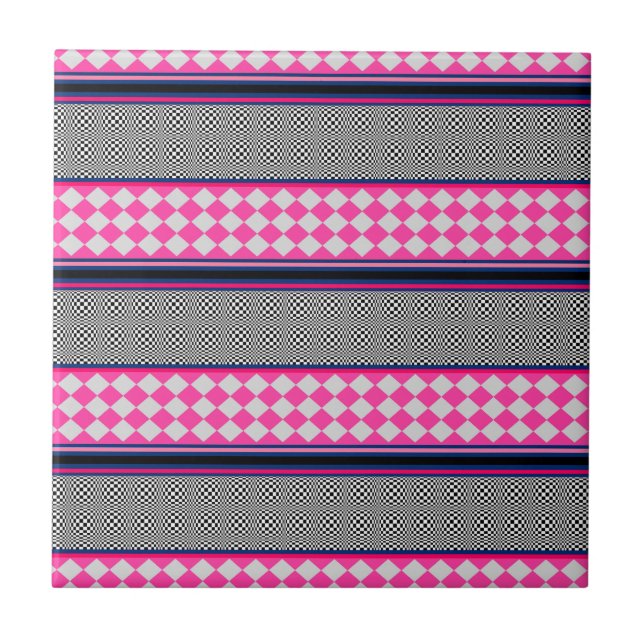 Check Stripes Harlequin Mixed Pattern Design Ceramic Tile (Front)