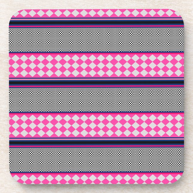 Check Stripes Harlequin Mixed Pattern Design Coaster (Front)