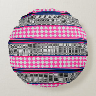 Check Stripes Harlequin Mixed Pattern Design Round Cushion