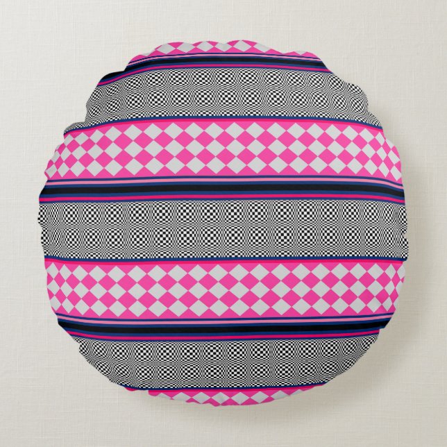 Check Stripes Harlequin Mixed Pattern Design Round Cushion (Front)