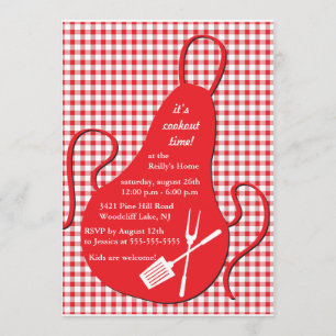Check table cloth and apron - cookout party invite