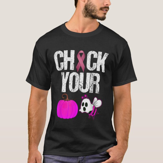 Check Your Boo Bees Pumpkin Funny Breast Cancer Ha T-Shirt (Front)