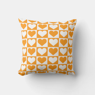 Checkboard Hearts Pattern - Orange and White  Cushion