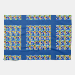 Checked blue, colourful mix of wildflowers tea towel