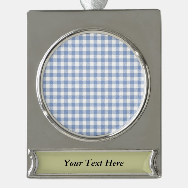 Checked Blue Gingham Classic Pattern Silver Plated Banner Ornament (Front)