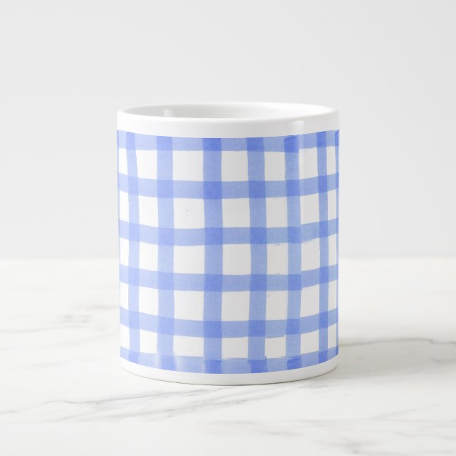"Checked Blue & White" Large Mug Jumbo Mug (Front)