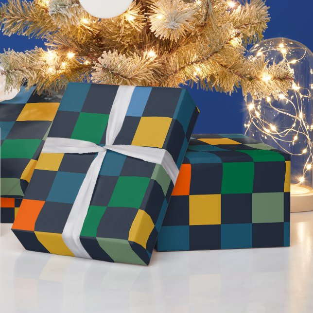 Checked Checkered Check Multi-Color Dark Pattern Wrapping Paper (Holidays)